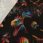 Preview: Stoff Baumwolle French Terry Sommersweatshirtstoff Dinos Dinosaurier T-Rex Design schokobraun multicolor bunt Kinderstoff Kleiderstoff