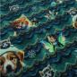Preview: Stoff Baumwolle French Terry Sommersweatshirtstoff Hunde Katzen Feen Design grün blau braun bunt Kinderstoff Kleiderstoff