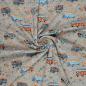 Preview: Stoff Sweatshirtstoff Alpenfleece Abseite Hippie Bulli Auto Van Design grau melange bunt Kinderstoff Kleiderstoff Hoodiestoff