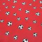 Preview: Stoff Baumwolle Jersey mit Fußball Fußbälle Bälle Design rot weiß schwarz Kinderstoff Kleiderstoff