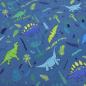 Preview: Stoff Baumwolle French Terry Sommersweatshirtstoff Dino Dinosaurier Design blau grün türkis Kinderstoff Kleiderstoff
