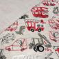 Preview: Stoff Baumwolle Sweatshirtstoff Bagger Bus Auto Dino Feuerwehr Design natur rot grau schwarz Kinderstoff Kleiderstoff