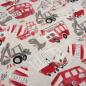 Preview: Stoff Baumwolle Sweatshirtstoff Bagger Bus Auto Dino Feuerwehr Design natur rot grau schwarz Kinderstoff Kleiderstoff