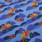 Preview: Fabric cotton jersey with monster trucks rally beetle car design jeans blue black red orange colorful children's fabric dress fabric