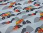 Preview: Stoff Baumwolle Jersey mit Monstertrucks Ralley Käfer Auto Design grau schwarz rot orange bunt Kinderstoff Kleiderstoff