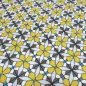 Preview: Fabric: cotton poplin with a graphic ornamental pattern flowers in curry yellow, blue, gray, white, and teal; suitable for dresses, children’s clothing, decorative items, and blouses