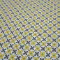Preview: Fabric: cotton poplin with a graphic ornamental pattern flowers in curry yellow, blue, gray, white, and teal; suitable for dresses, children’s clothing, decorative items, and blouses