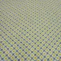 Preview: Fabric: cotton poplin with a graphic ornamental pattern flowers in curry yellow, blue, gray, white, and teal; suitable for dresses, children’s clothing, decorative items, and blouses