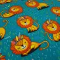 Preview: Stoff Baumwolle Jersey mit Löwe Löwen Design petrol orange bunt Kinderstoff Kleiderstoff
