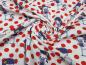 Preview: Stoff Baumwolle Jersey mit Mädchen Hunde Punkte Design weiß rot blau gelb Kleiderstoff Kinderstoff​