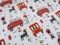 Preview: Stoff Baumwolle Jersey mit Feuerwehr Hunde Dalmatiner Design hellgrau rot gelb schwarz bunt Kinderstoff Kleiderstoff
