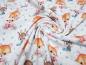 Preview: Stoff Baumwolle Jersey mit Wintertiere Hirsche Füchse Design weiß braun orange grün bunt Kinderstoff Kleiderstoff