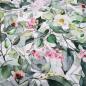Preview: Stoff Baumwolle Jersey mit Eukalyptus Blumenmuster Design weiß grün rosa bunt Kleiderstoff Kinderstoff
