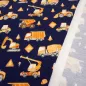 Preview: Stoff Baumwolle Jersey Straßenbau Bagger LKW marine blau gelb bunt Kinderstoff Kleiderstoff