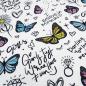 Preview: Stoff Baumwolle French Terry Sweatshirtstoff Schmetterlinge Schriften Sprüche weiß blau pink gelb bunt Kleiderstoff Kinderstoff