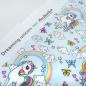 Preview: Stoff Baumwolle Jersey "dreaming unicorn" Einhorn Regenbogen Herzen hellblau bunt Kinderstoff Kleiderstoff