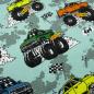 Preview: Fabric cotton jersey burnout monster trucks cars mint green colourful children's fabric dress fabric