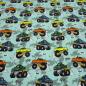 Preview: Fabric cotton jersey burnout monster trucks cars mint green colourful children's fabric dress fabric