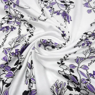 Fabric viscose jersey with flowers tendrils design white purple black dress fabric