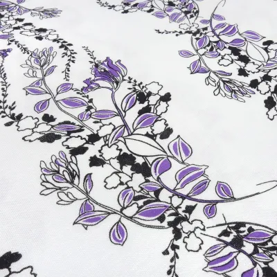 Fabric viscose jersey with flowers tendrils design white purple black dress fabric