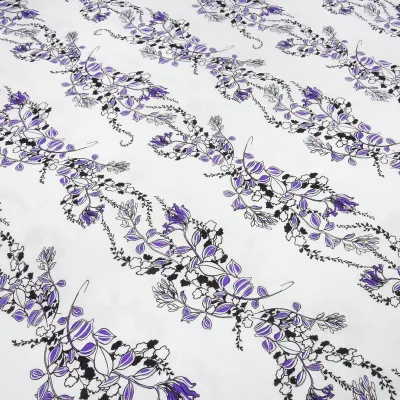 Fabric viscose jersey with flowers tendrils design white purple black dress fabric