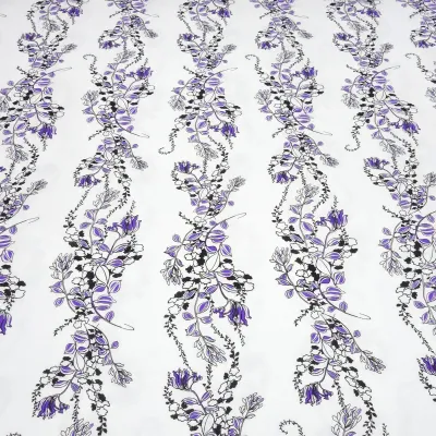 Fabric viscose jersey with flowers tendrils design white purple black dress fabric