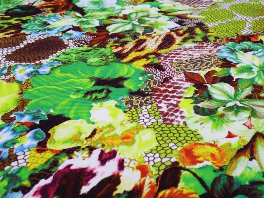 Fabric viscose jersey with flowers abstract design green yellow brown blue colorful dress fabric