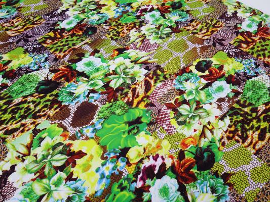 Fabric viscose jersey with flowers abstract design green yellow brown blue colorful dress fabric