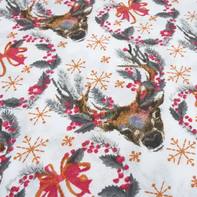 Stoff Baumwolle Popeline mit Hirsche Herzen Trachten Design weiß braun grau rot orange Kleiderstoff Blusenstoff Dekostoff