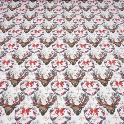 Stoff Baumwolle Popeline mit Hirsche Herzen Trachten Design weiß braun grau rot orange Kleiderstoff Blusenstoff Dekostoff