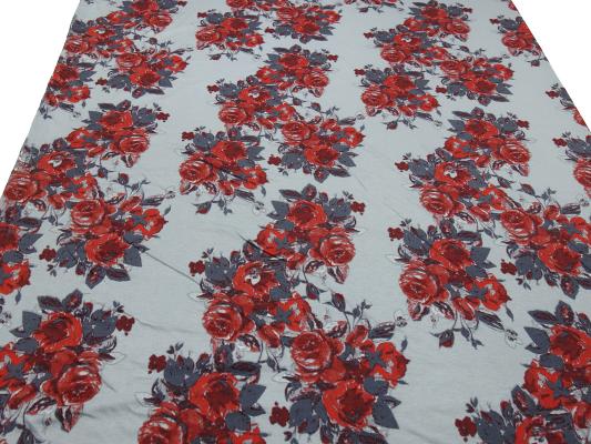 Stoff Viskose Jersey mit Blumen Rosen Design hellgrau grau rot Kleiderstoff