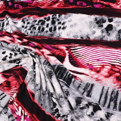Fabric viscose jersey abstract leopard pattern design red fuchsia gray black white dress fabric