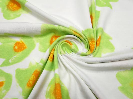 Fabric viscose jersey with flowers blossoms design offwhite green orange dress fabric