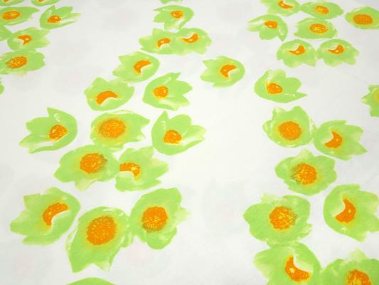 Fabric viscose jersey with flowers blossoms design offwhite green orange dress fabric