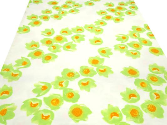 Fabric viscose jersey with flowers blossoms design offwhite green orange dress fabric