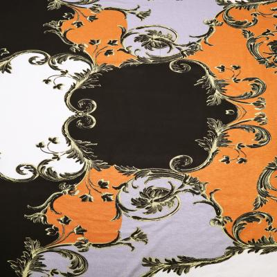 Fabric viscose jersey with abstract ornaments design black gray white orange beige dress fabric