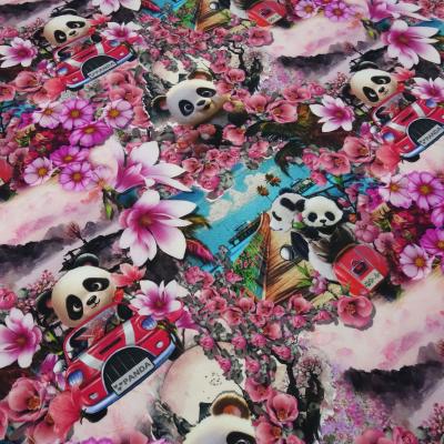 Fabric cotton jersey panda bear flowers car design pink pink red turquoise white black colorful children's fabric dress fabric