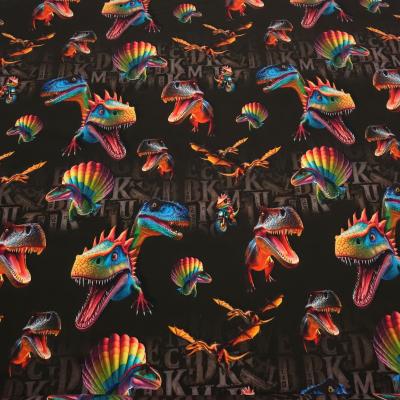 Stoff Baumwolle French Terry Sommersweatshirtstoff Dinos Dinosaurier T-Rex Design schokobraun multicolor bunt Kinderstoff Kleiderstoff