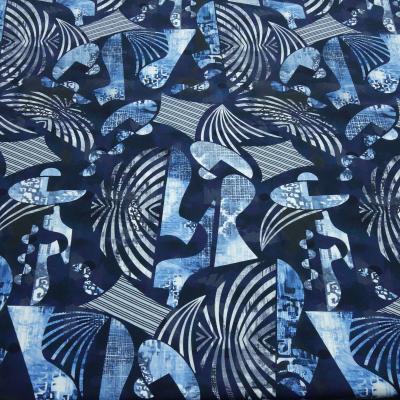 Stoff Baumwolle Jersey mit abstrakten Patchwork Dynamic Design jeans blau grau weiß Kleiderstoff Kinderstoff
