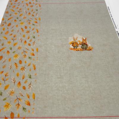 Stoff Baumwolle French Terry Panel 78 cm x 140 cm mit Herbst Hasen Fuchs Blätter Design beige orange braun khaki bunt Kinderstoff Kleiderstoff