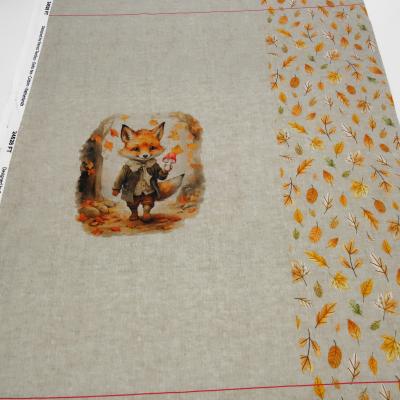 Stoff Baumwolle French Terry Panel 78 cm x 140 cm mit Herbst Hasen Fuchs Blätter Design beige orange braun khaki bunt Kinderstoff Kleiderstoff