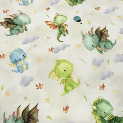 Stoff Baumwolle French Terry Sweatshirtstoff Sommersweat süße Drachen beige grün blau bunt Kleiderstoff Kinderstoff