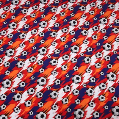 Stoff Baumwolle Jersey Fußball Soccer Bälle Design blau rot orange weiß schwarz Kinderstoff Kleiderstoff