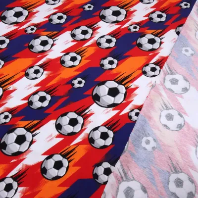 Stoff Baumwolle Jersey Fußball Soccer Bälle Design blau rot orange weiß schwarz Kinderstoff Kleiderstoff
