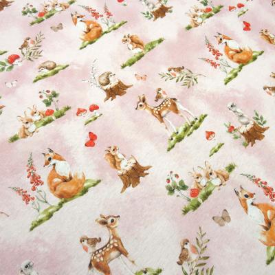 Fabric sweatshirt fabric alpine fleece side forest animals deer foxes mushrooms rabbits design pink colorful children's fabric dress fabric