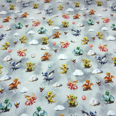 Fabric sweatshirt fabric with alpine fleece side Cute Dragons dragon design gray red yellow green blue colorful children's fabric dress fabric