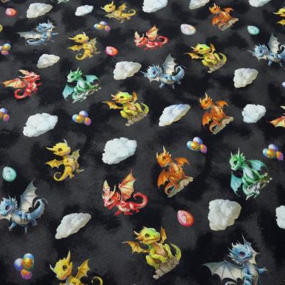 Fabric sweatshirt fabric with alpine fleece side Cute Dragons dragon design black gray red yellow green blue colorful children's fabric dress fabric