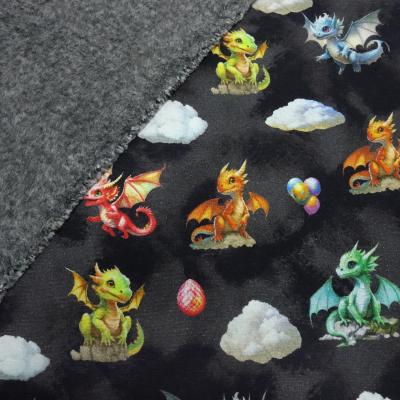 Fabric sweatshirt fabric with alpine fleece side Cute Dragons dragon design black gray red yellow green blue colorful children's fabric dress fabric