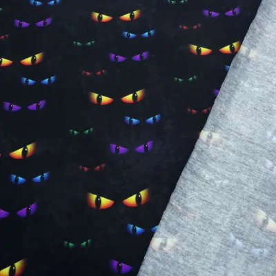Stoff Baumwolle Jersey Cat Eyes Katzenaugen Halloween Design schwarz orange lila grün rot blau Kinderstoff Kleiderstoff