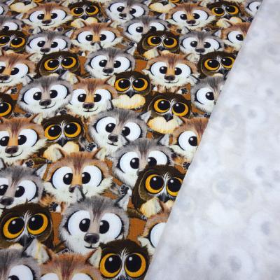 Stoff Baumwolle Sweatshirtstoff mit Eulen Füchse Waldtiere Design braun grau orange bunt Kleiderstoff Kinderstoff